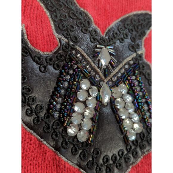 VTG Work In Progress Hong Kong Red Sweater Beaded Leather Heart 80s M - Picture 12 of 13
